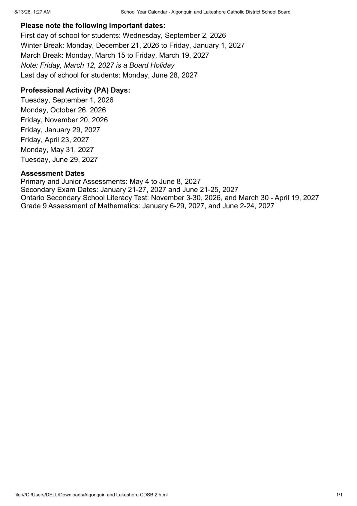 School Year Calendar   Algonquin and Lakeshore Catholic District School Board