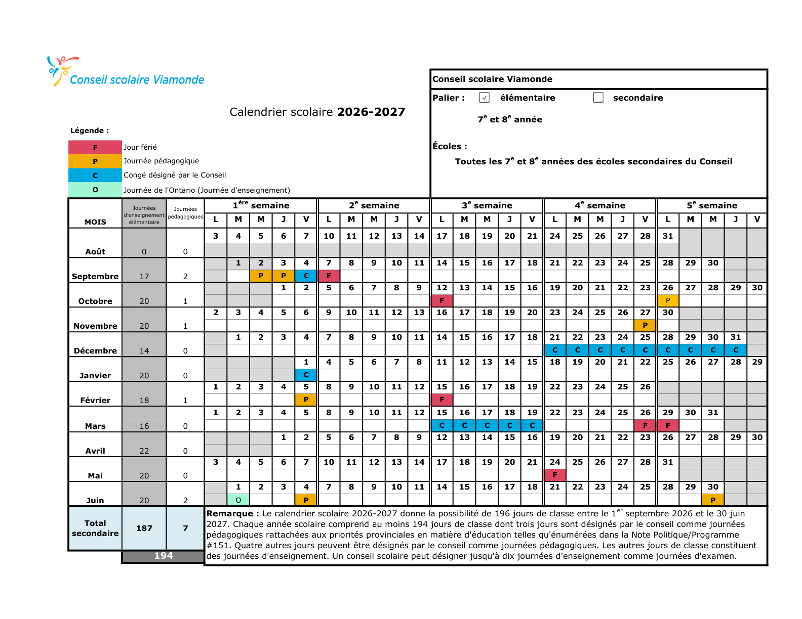 CS Viamonde Calendrier scolaire 2026 2027 elementaire Final 7e et 8e 2