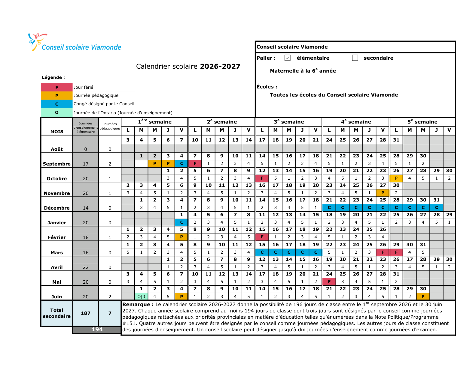 CS Viamonde Calendrier scolaire 2026 2027 elementaire Final Mat 6e Cyclique 2