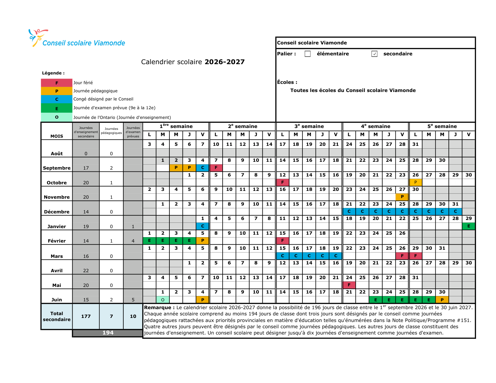 CS Viamonde Calendrier scolaire 2026 2027 secondaire Final 2