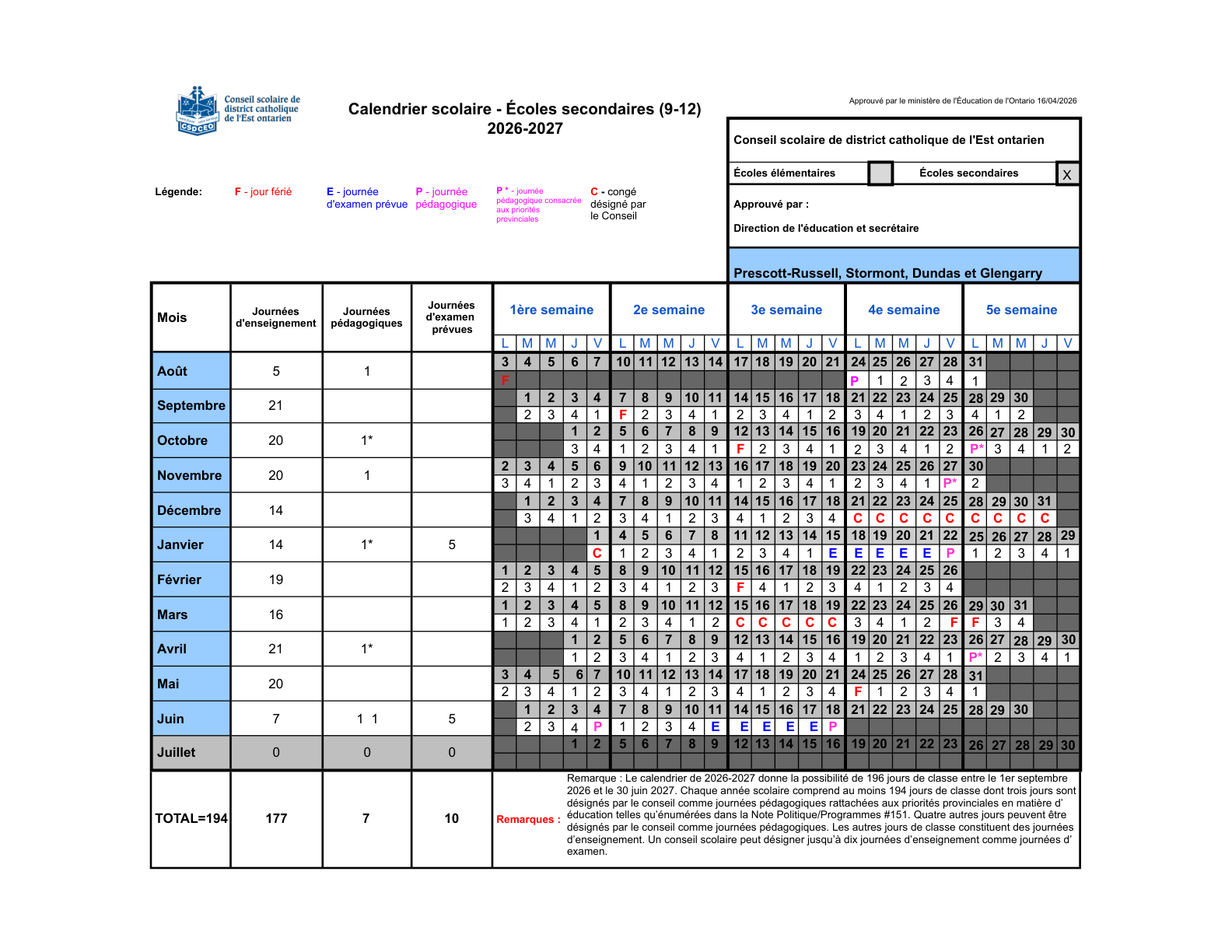 csd catholique de l est ontarien   65 csdceo pub calendrier 2026 2027 jours 1 a 4 secondaire 26 27
