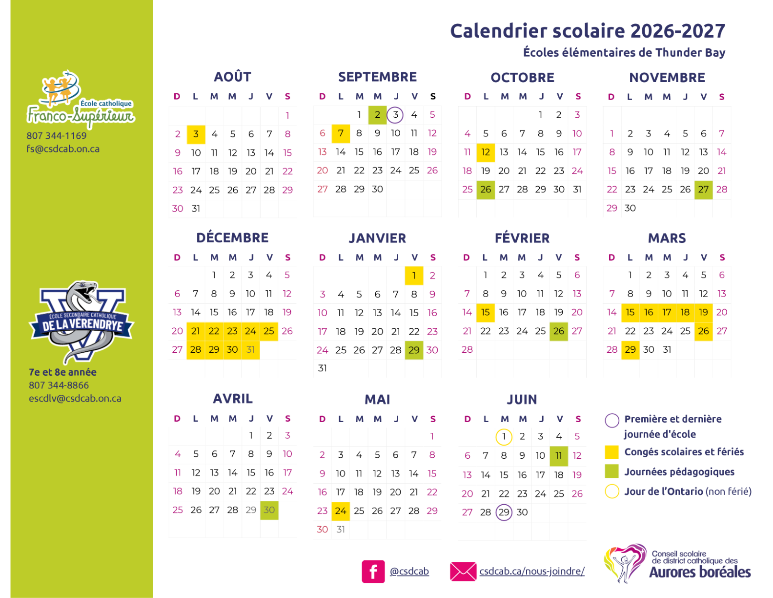 CSD catholique des Aurores boreales Elementaire ThunderBay Calendrier scolaire 2026 2027