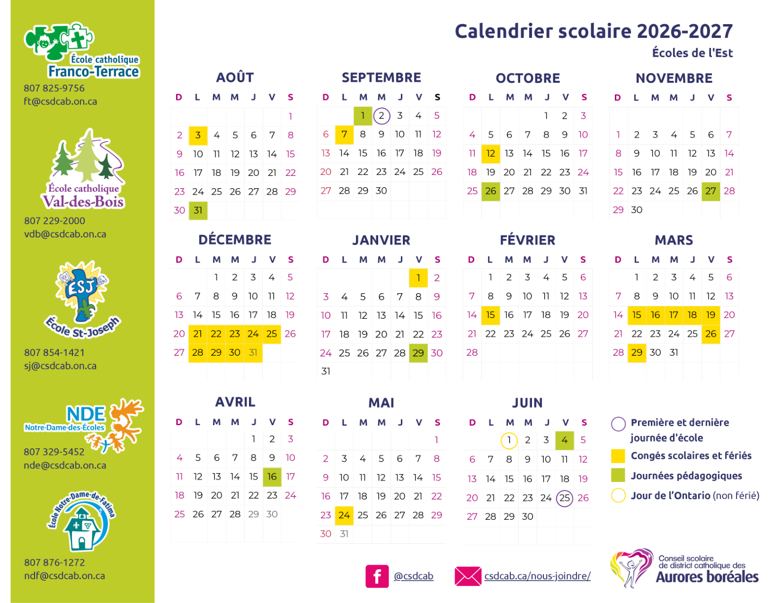 CSD catholique des Aurores boreales Est Calendrier scolaire 2026 2027