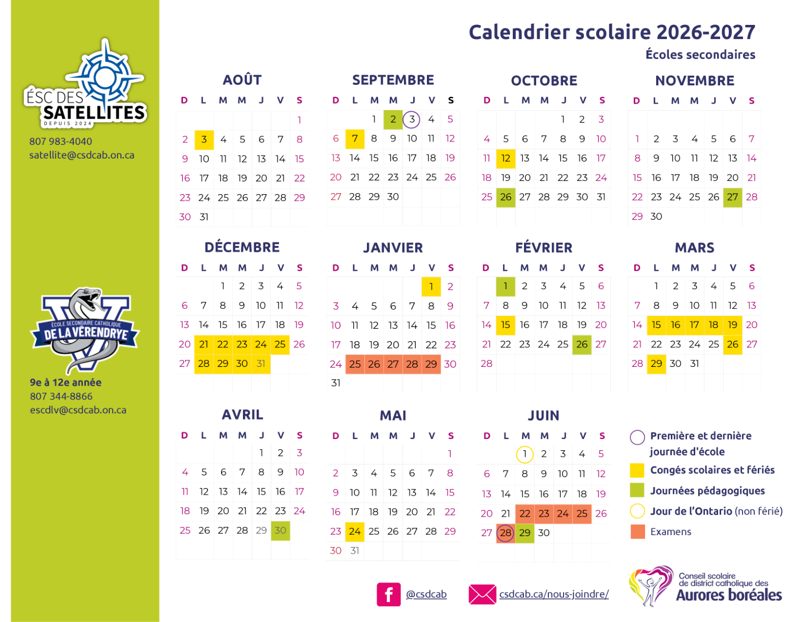 CSD catholique des Aurores boreales Secondaires Calendrier scolaire 2026 2027