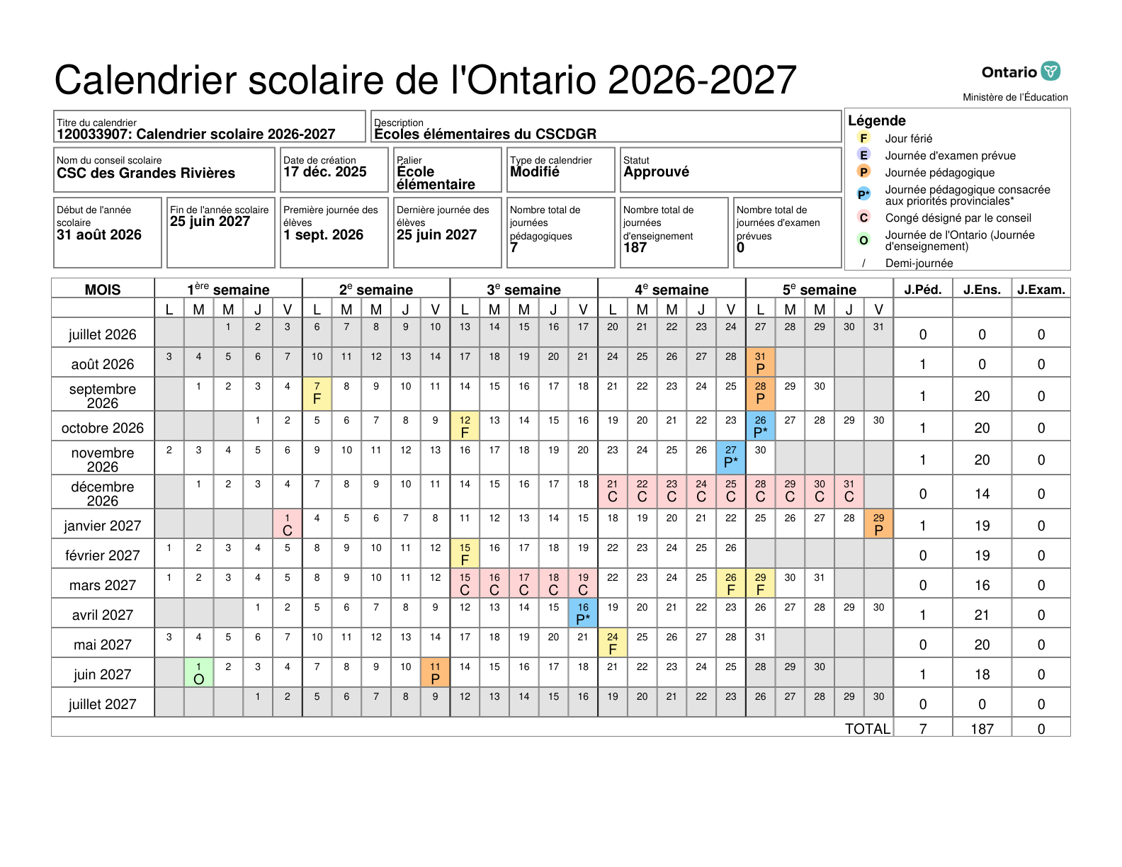 CSD catholique des Grandes Rivieres Calendrier elementaire approuve 2026 2027 - page 1