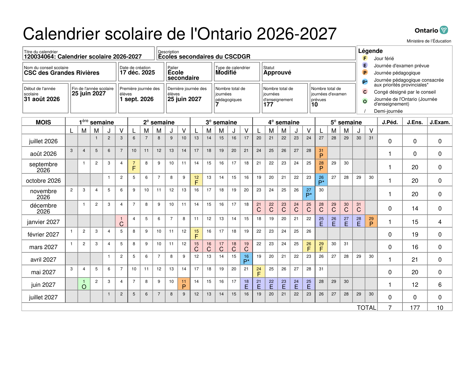 CSD catholique des Grandes Rivieres Calendrier secondaire approuve 2026 2027 - page 1