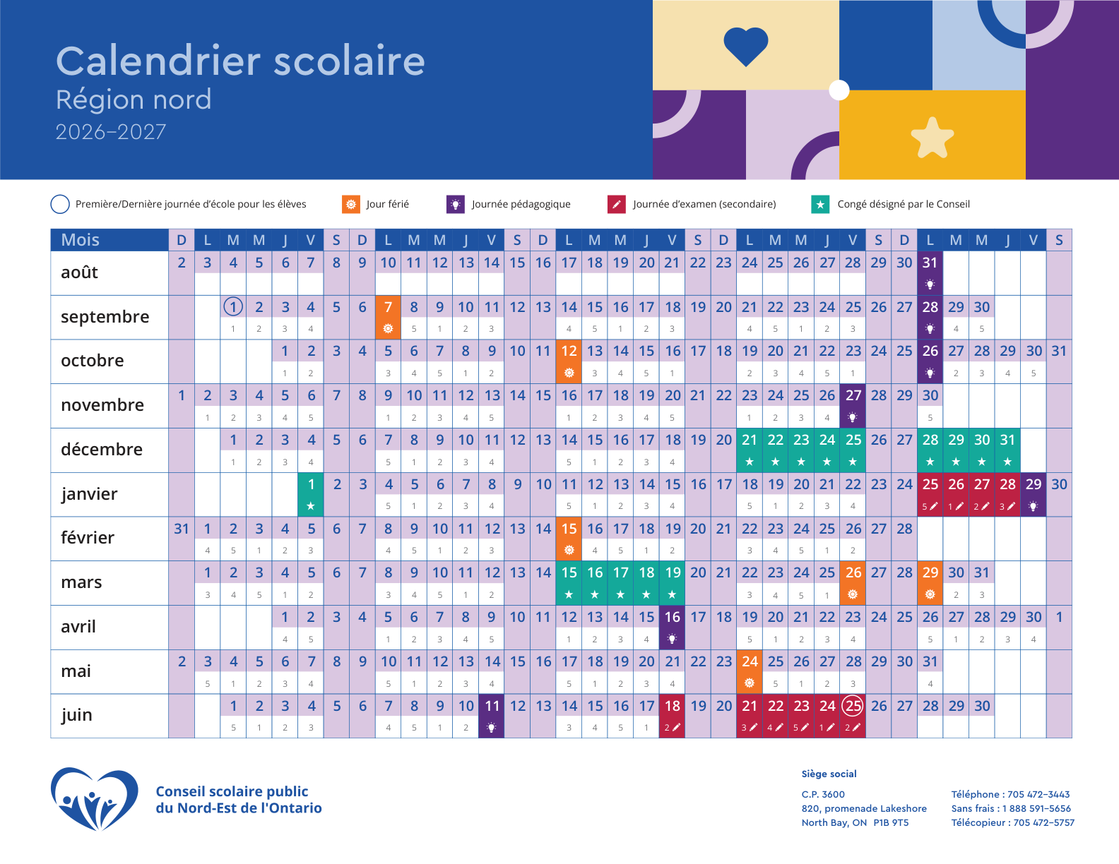 CSP du Nord Est de l'Ontario calendrier scolaire 2026 27 nord - page 1