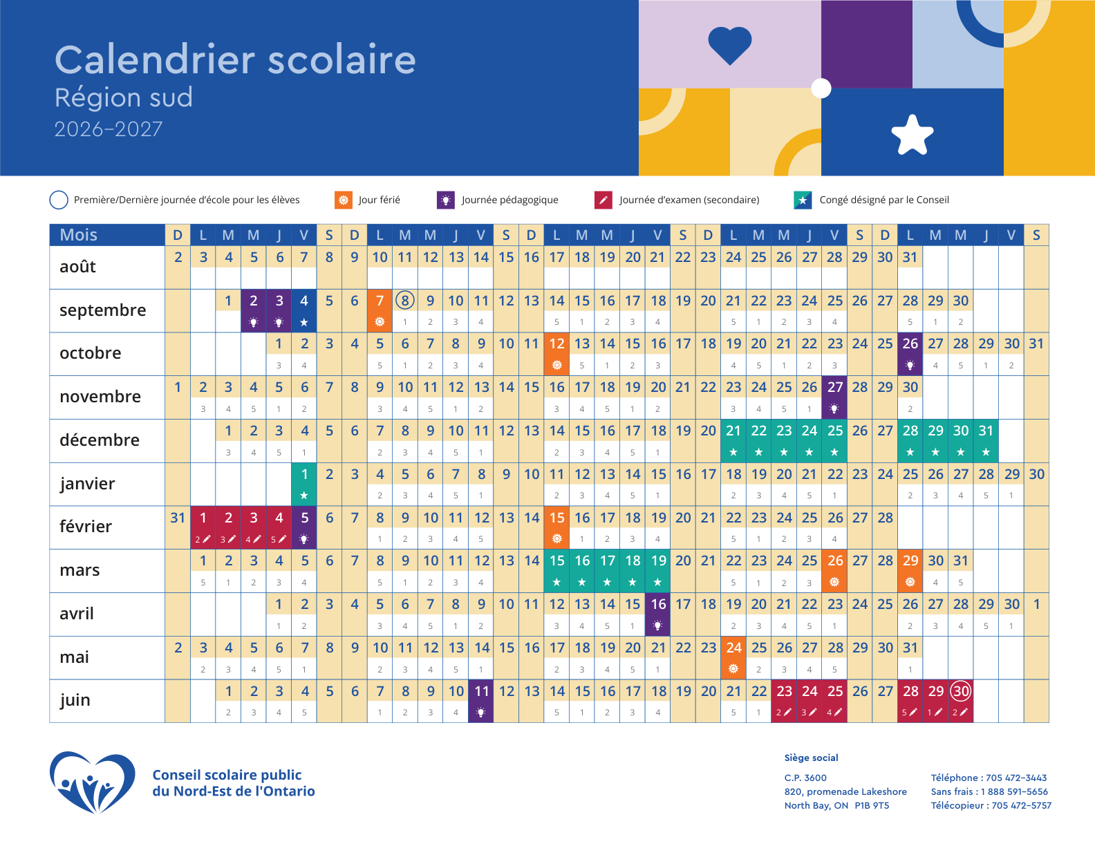 CSP du Nord Est de l'Ontario calendrier scolaire 2026 27 sud - page 1