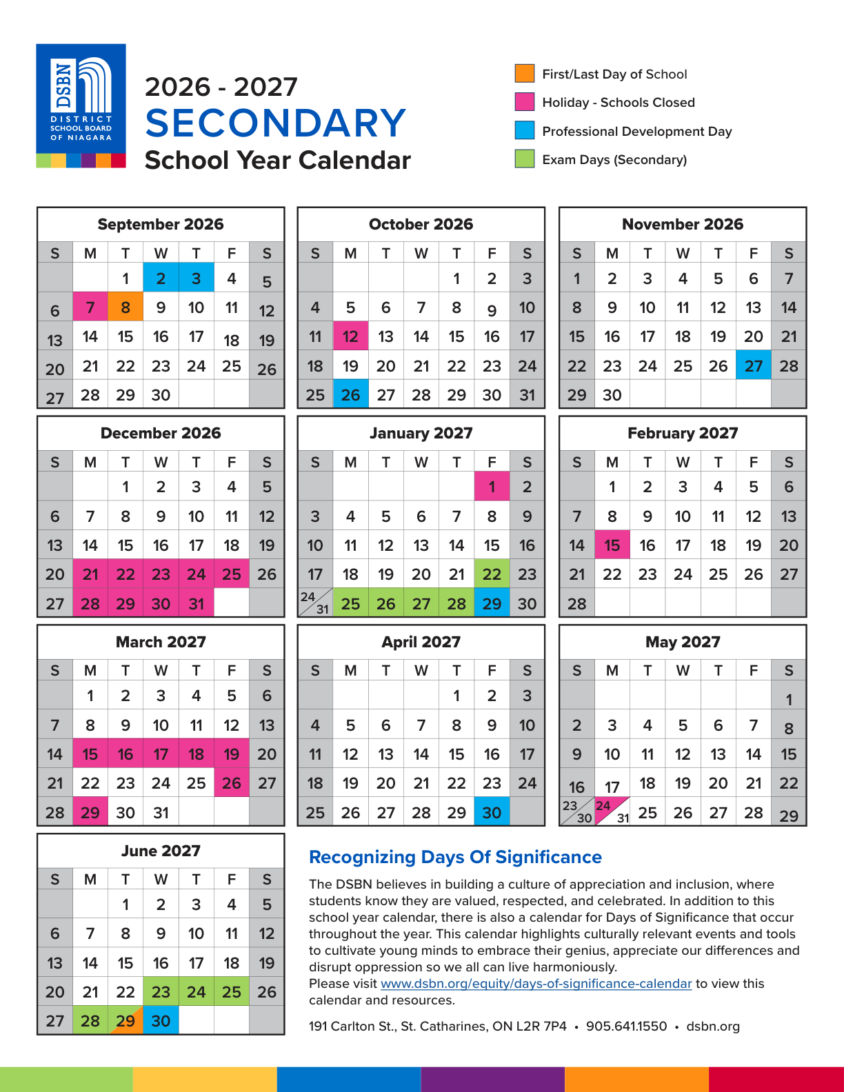 DSB of Niagara school year calendar secondary