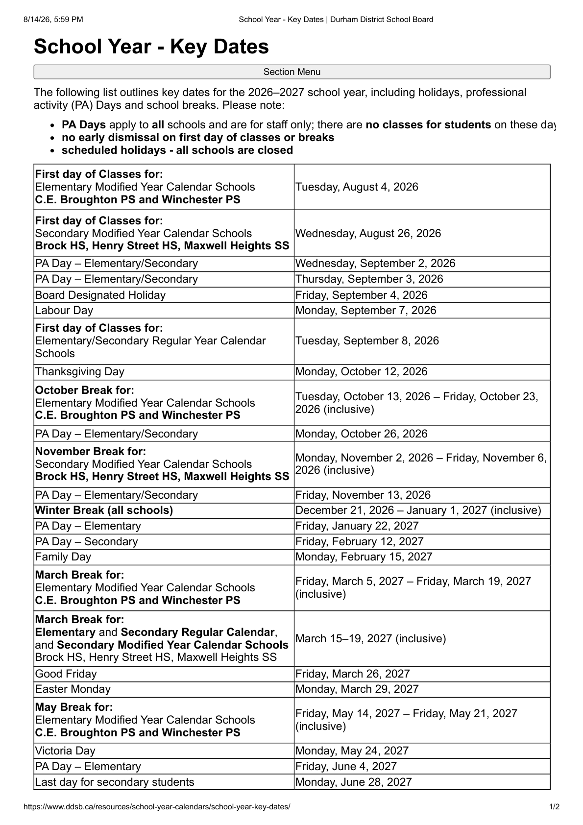 School Year   Key Dates   Durham District School Board - page 1