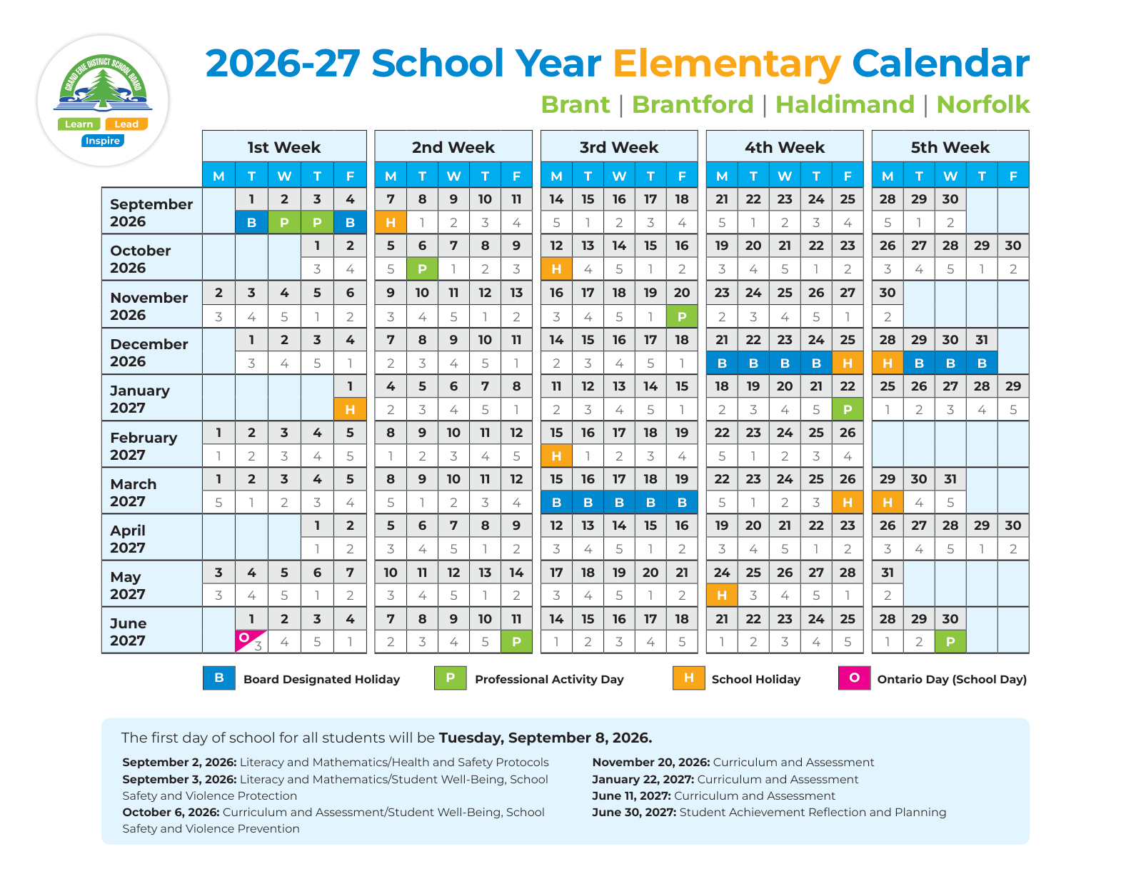 Grand Erie District School Board  elementary calendar 2026 27