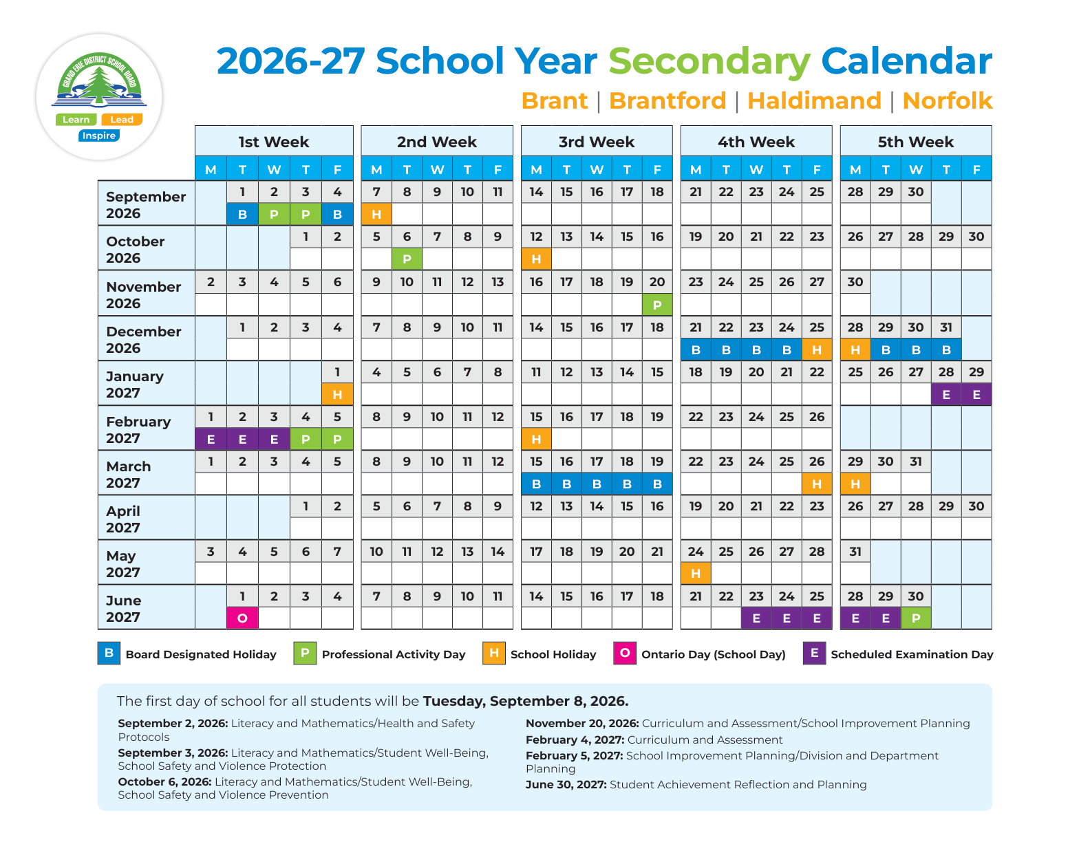 Grand Erie District School Board secondary calendar 2026 27