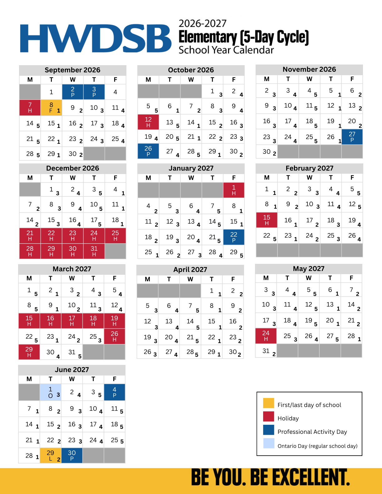 Elementary (5 day cycle) 2026 27 Calendar Hamilton Wentworth DSB