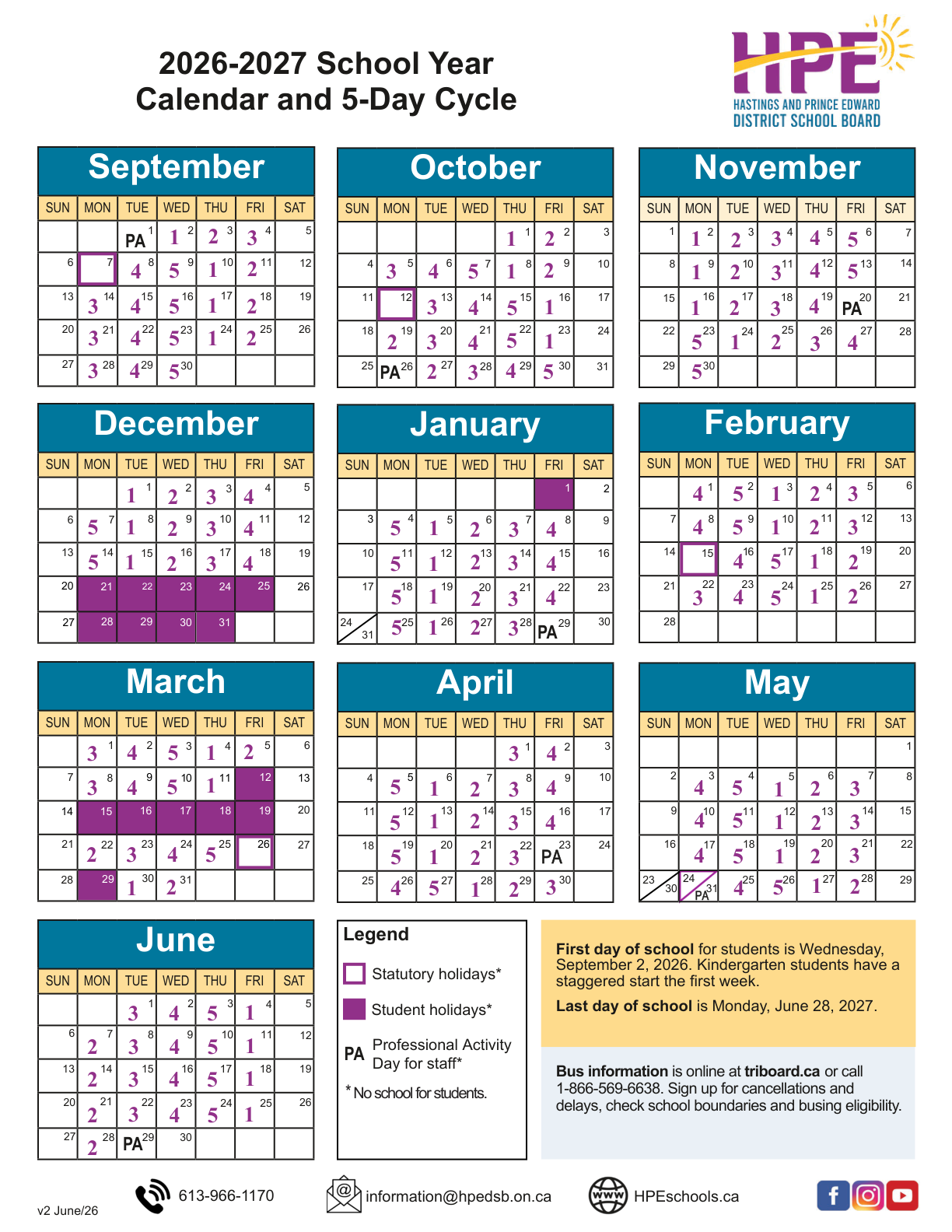 Hastings and Prince Edward DSB 2026 2027 school year calendar 5 day cycle v2 - page 1