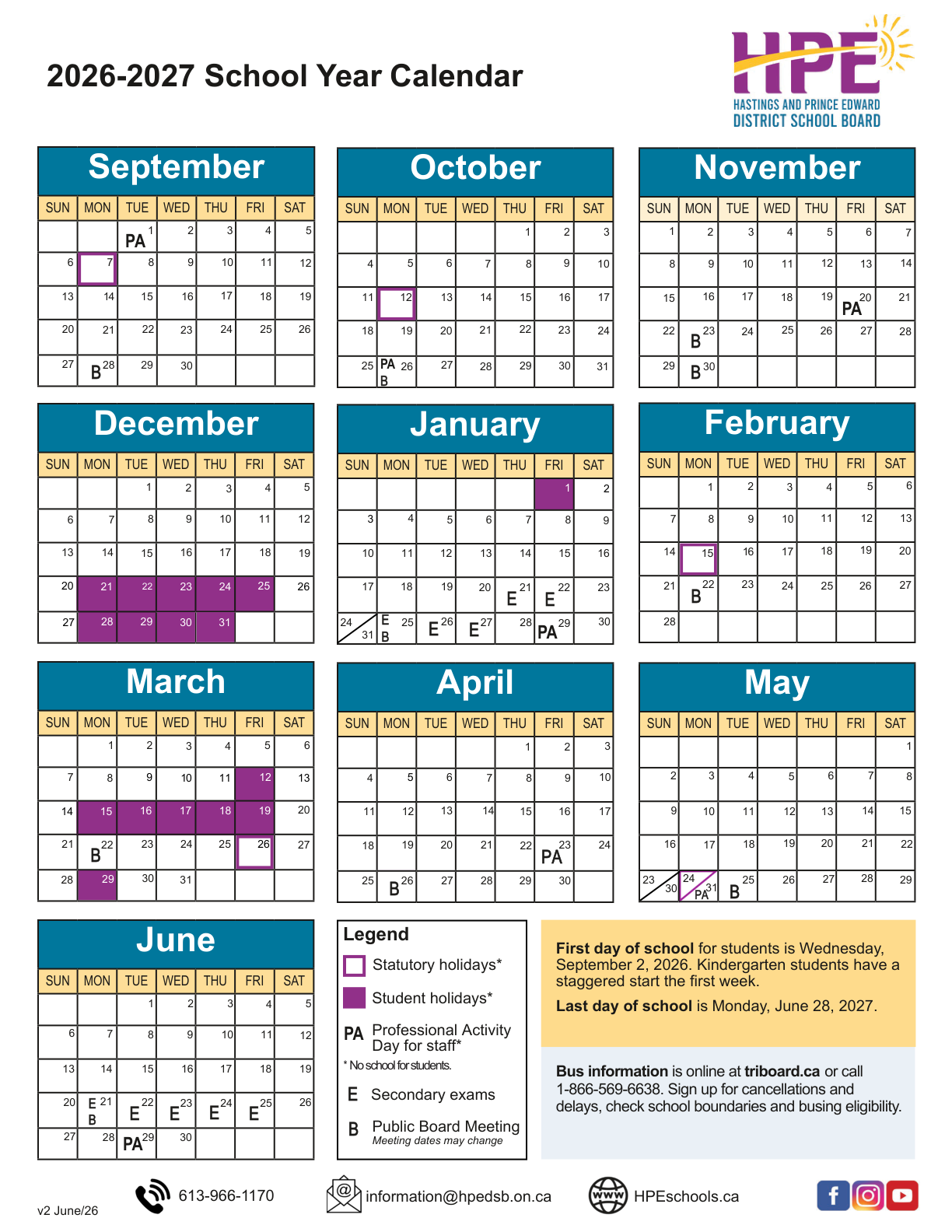 Hastings and Prince Edward DSB 2026 2027 school year calendar v2 - page 1