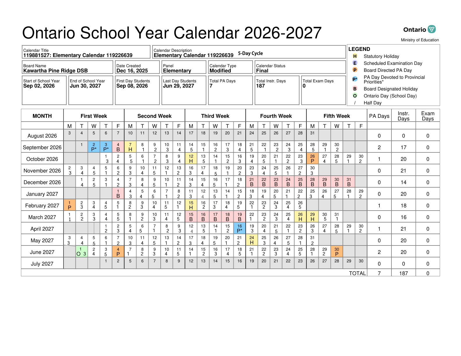 Kawartha Pine Ridge DSB final elementary calendar 119881527 5 day cyle - page 1