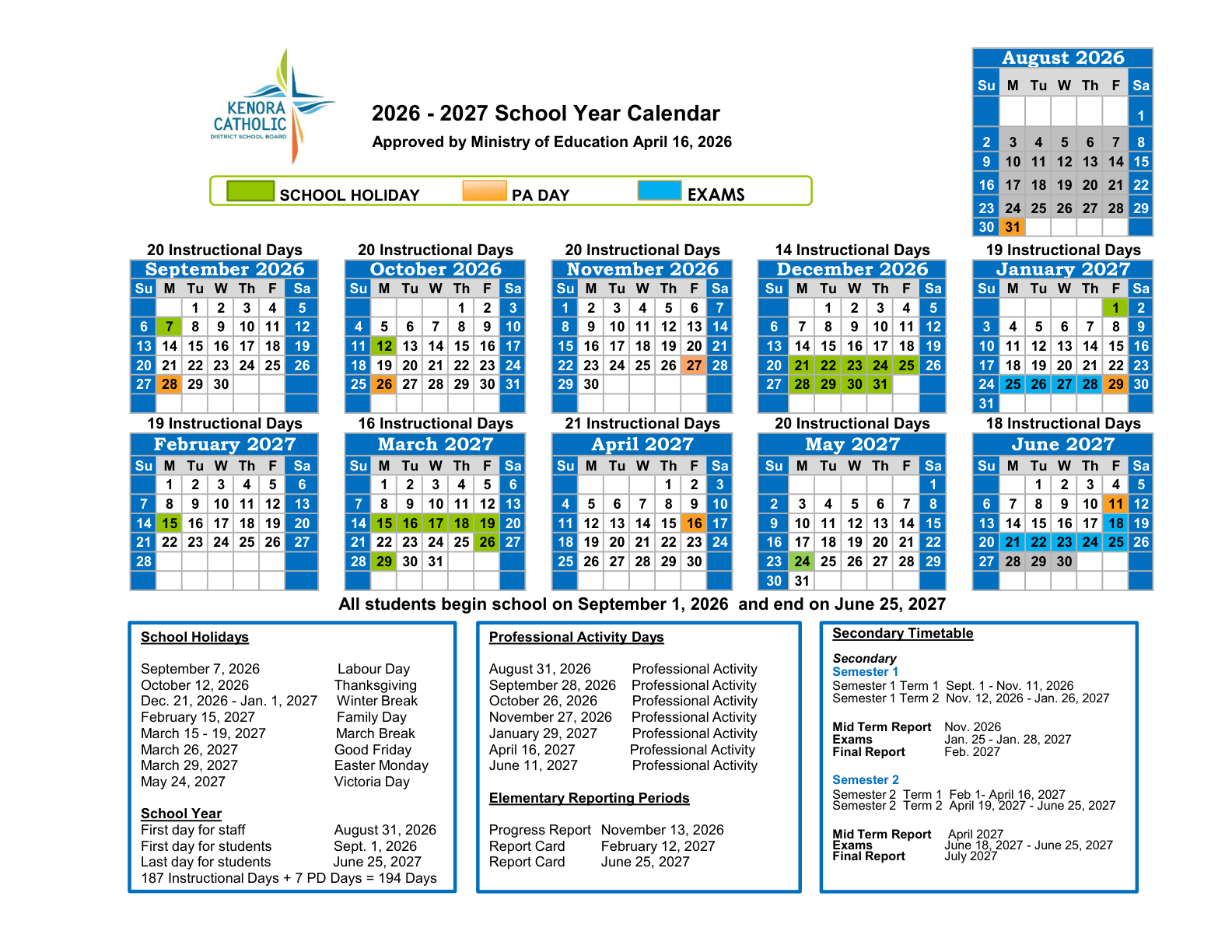 Kenora CDSB APPROVED Calendar 2026 2027