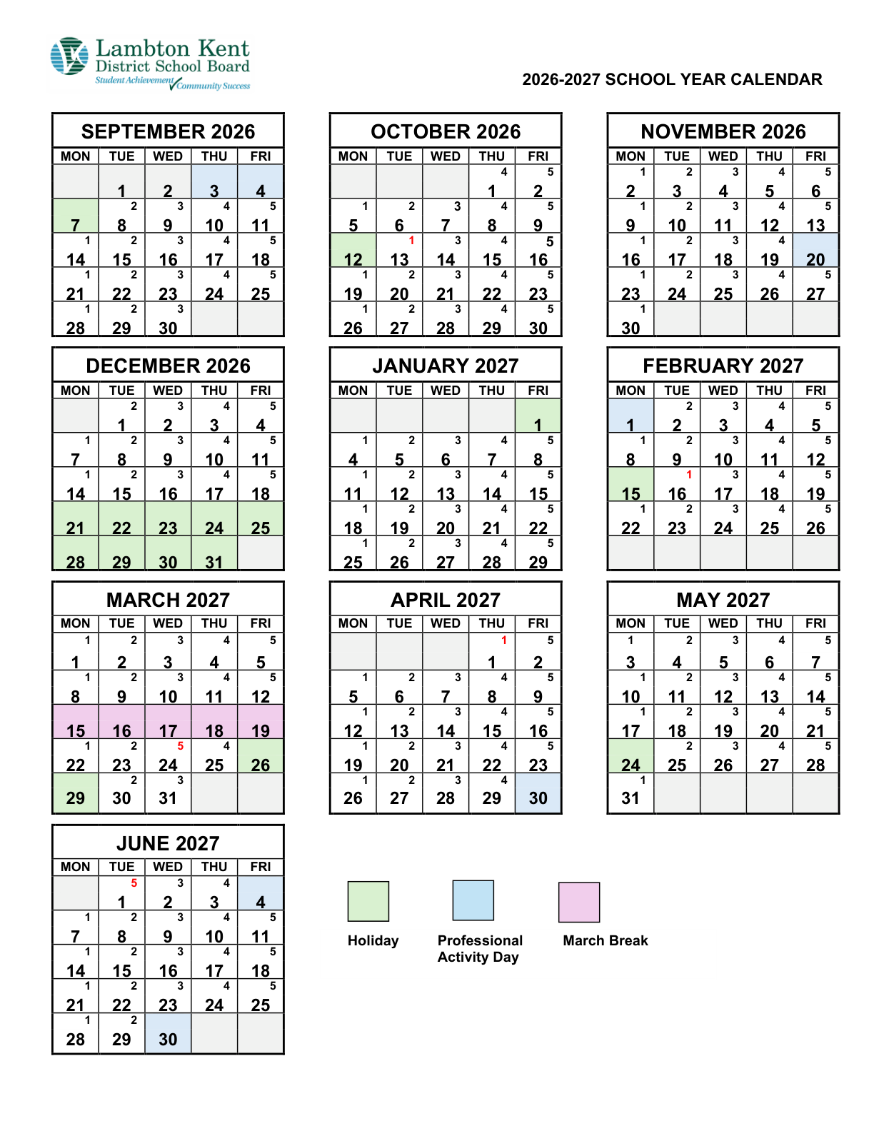 Lambton Kent DSB 2026 2027 Day 1 5 Calendar