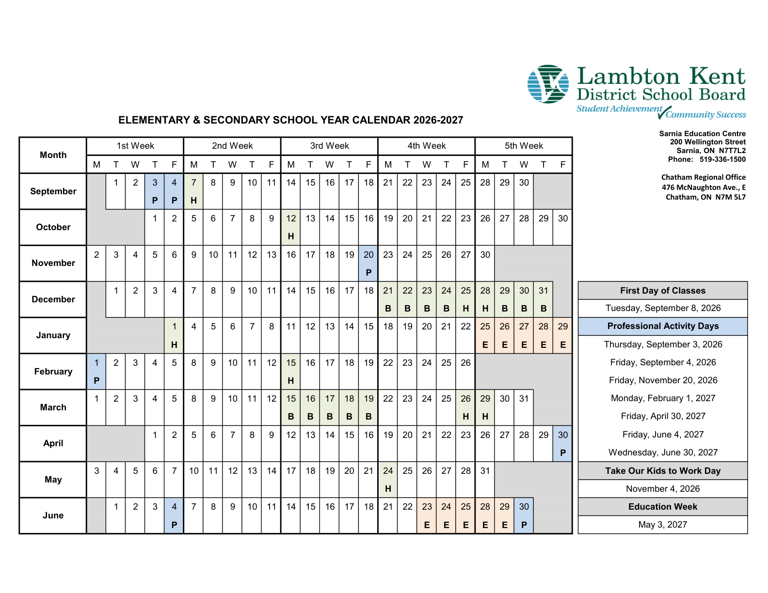 Lambton Kent DSB 2026 2027 School Year Calendar