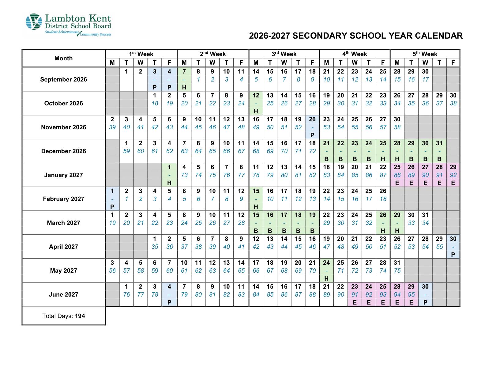 Lambton Kent DSB 2026 2027 Secondary Calendar