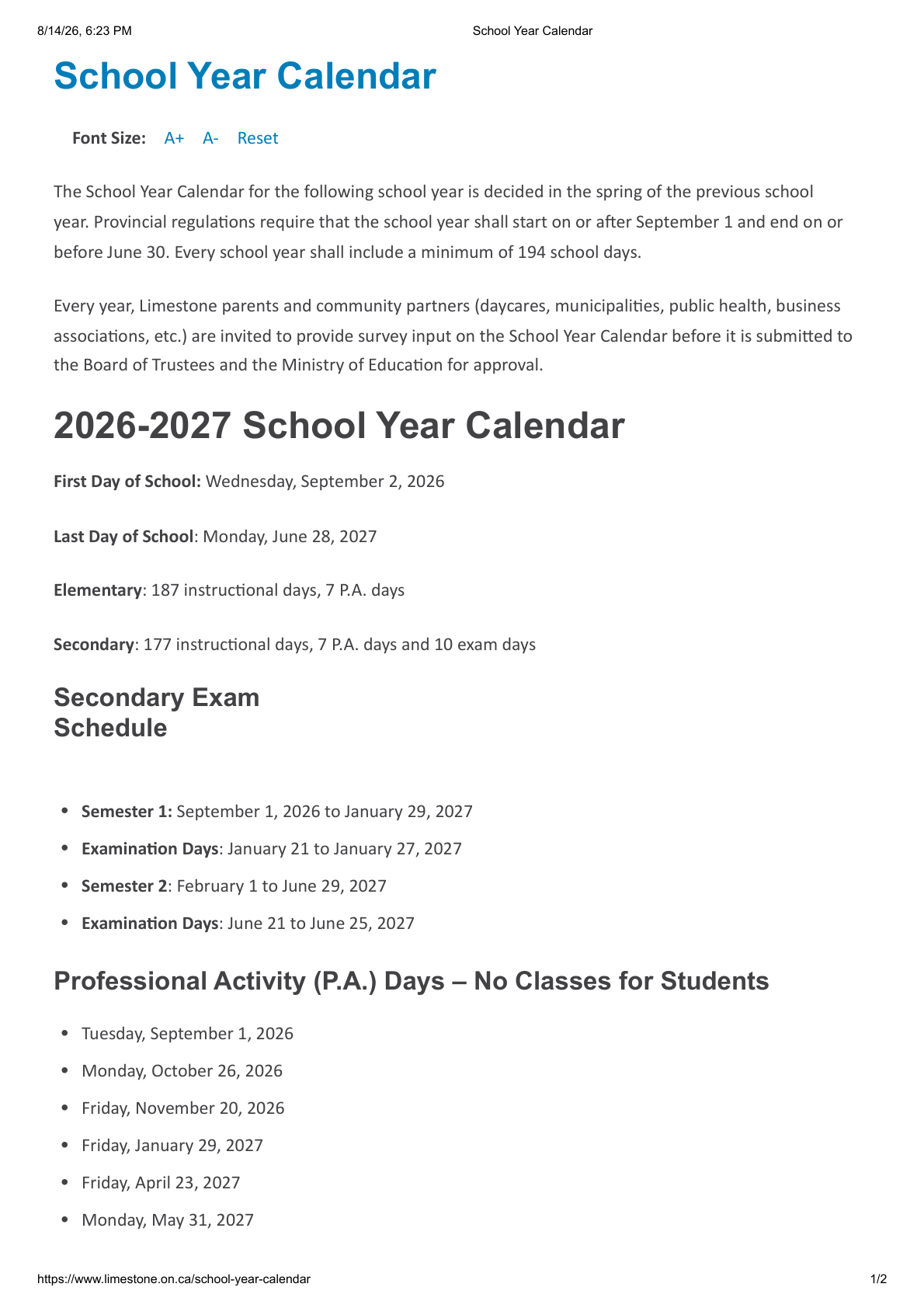 Limestone DSB School Year Calendar - page 1