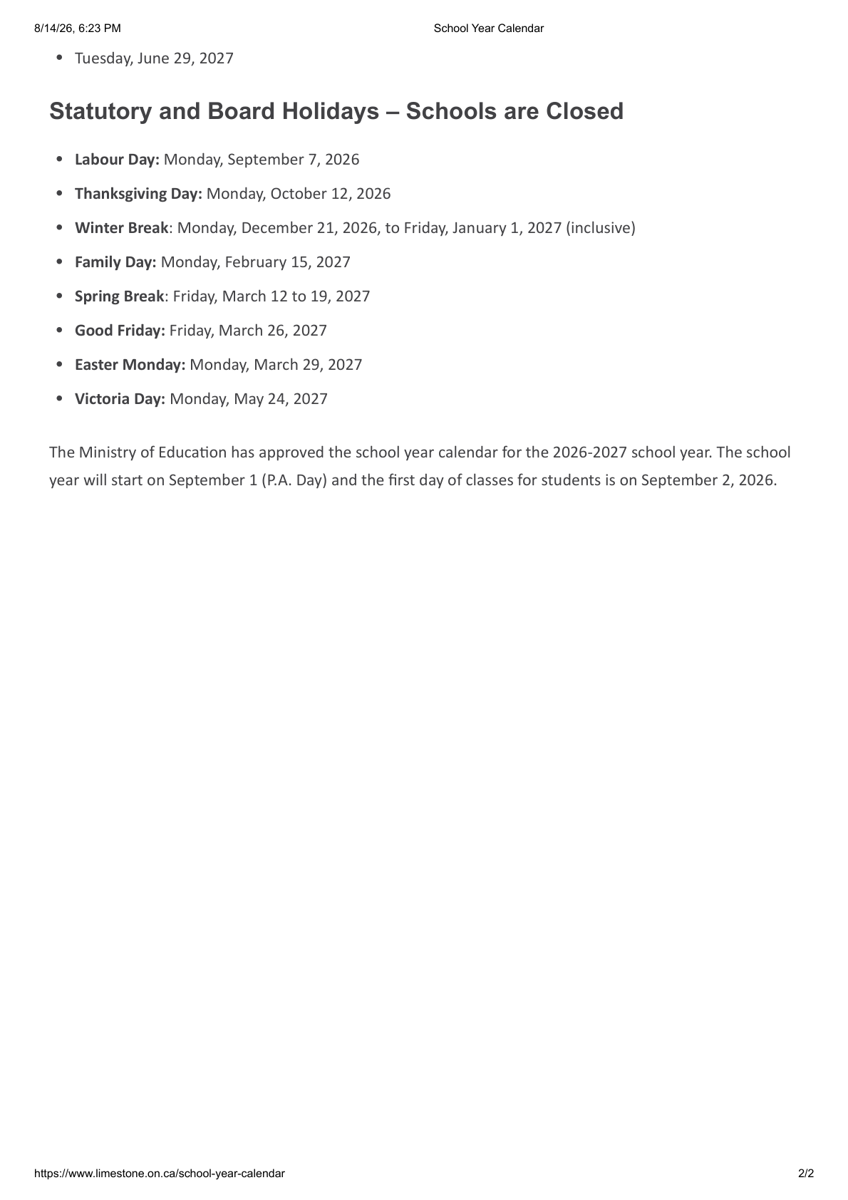 Limestone DSB School Year Calendar - page 2