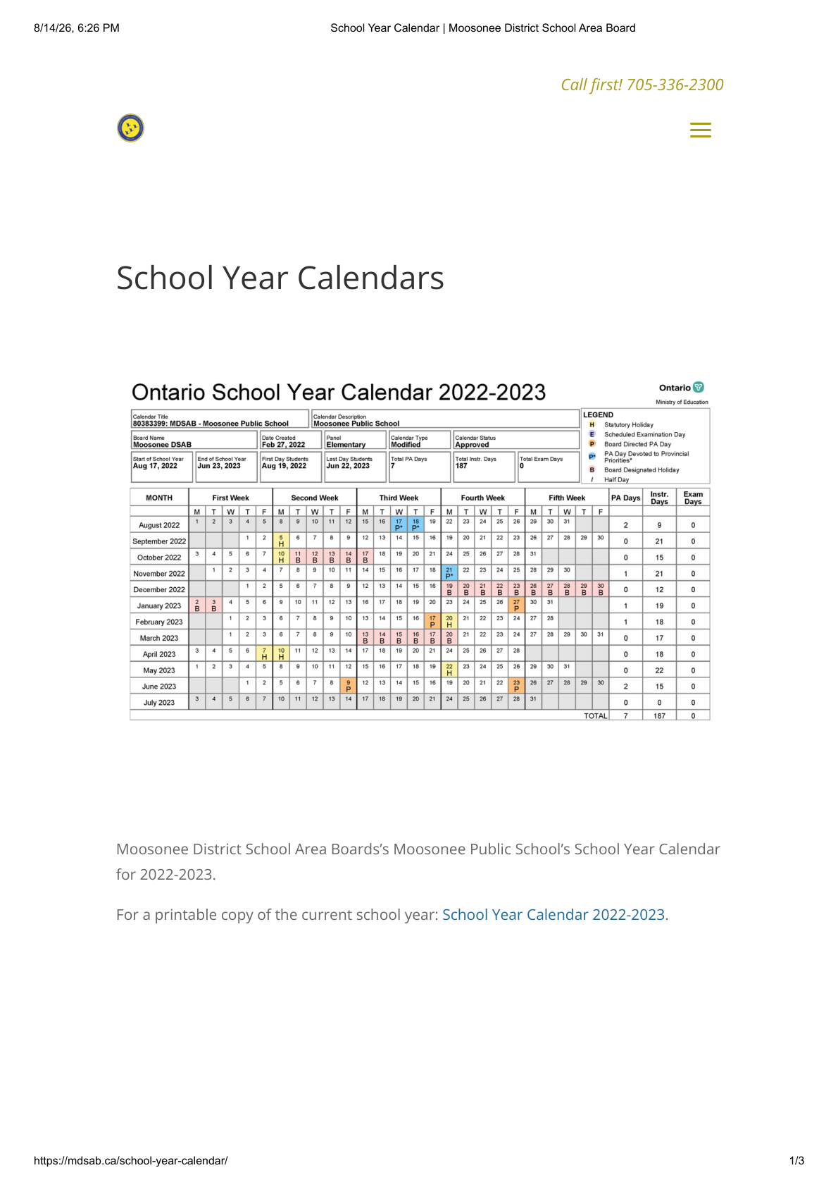 School Year Calendar   Moosonee District School Area Board - page 1