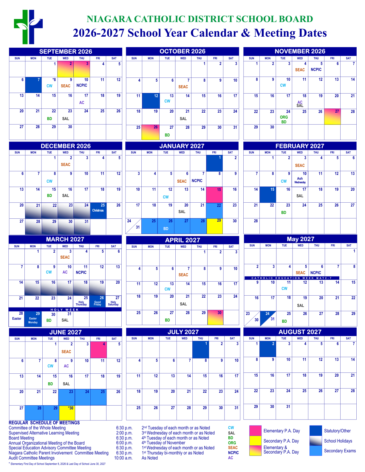 Niagara CDSB 2026 2027 School Year Calendar and Contact Info - page 1