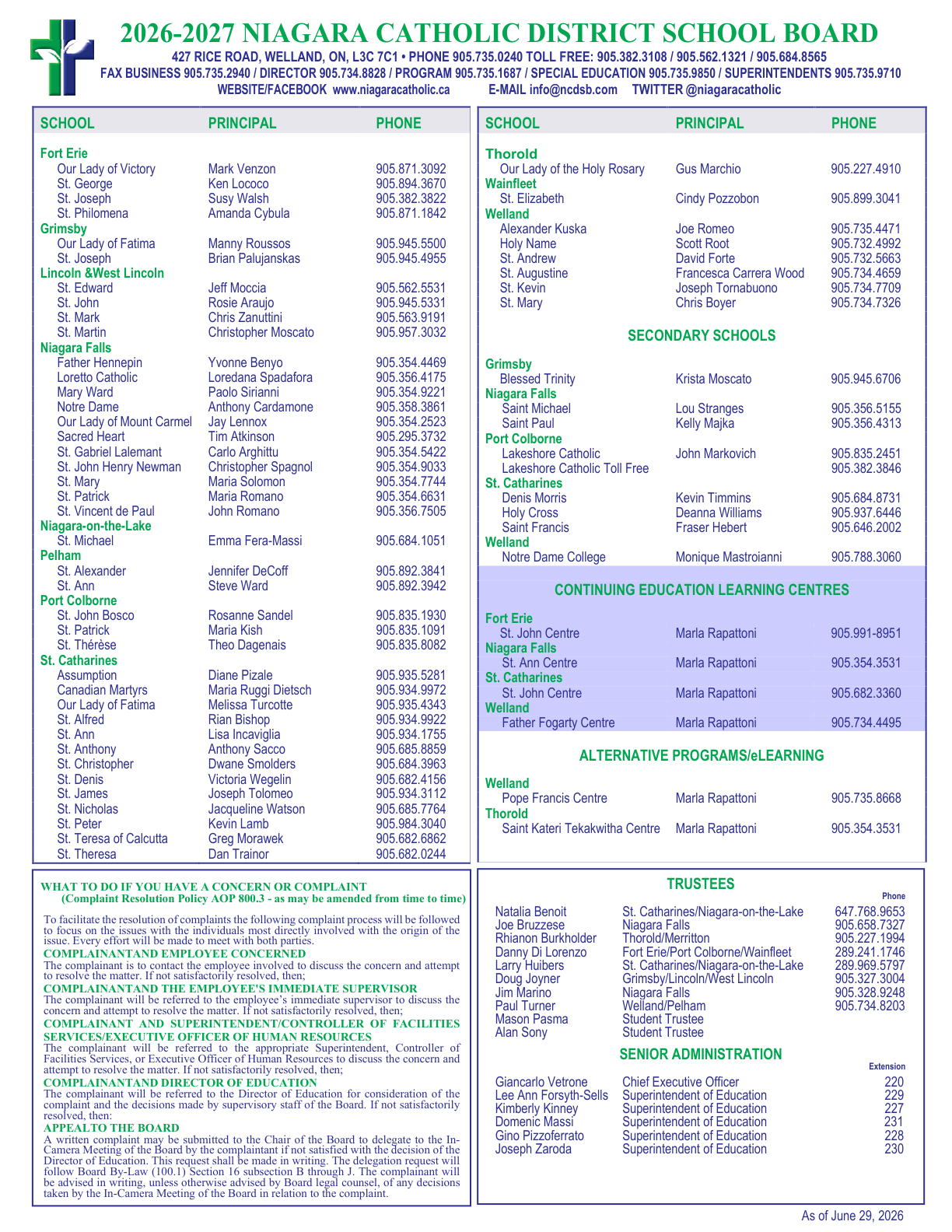 Niagara CDSB 2026 2027 School Year Calendar and Contact Info - page 2
