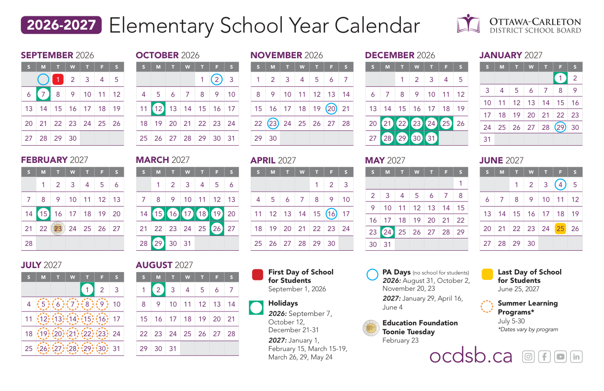 2026 27 Calendar Elementary ottawa carleton dsb