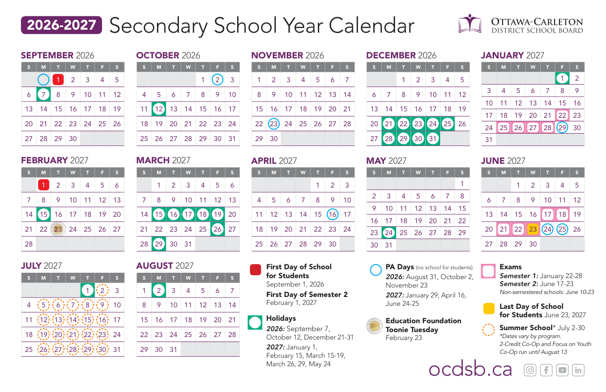 2026 27 Calendar Secondary  ottawa carleton dsb