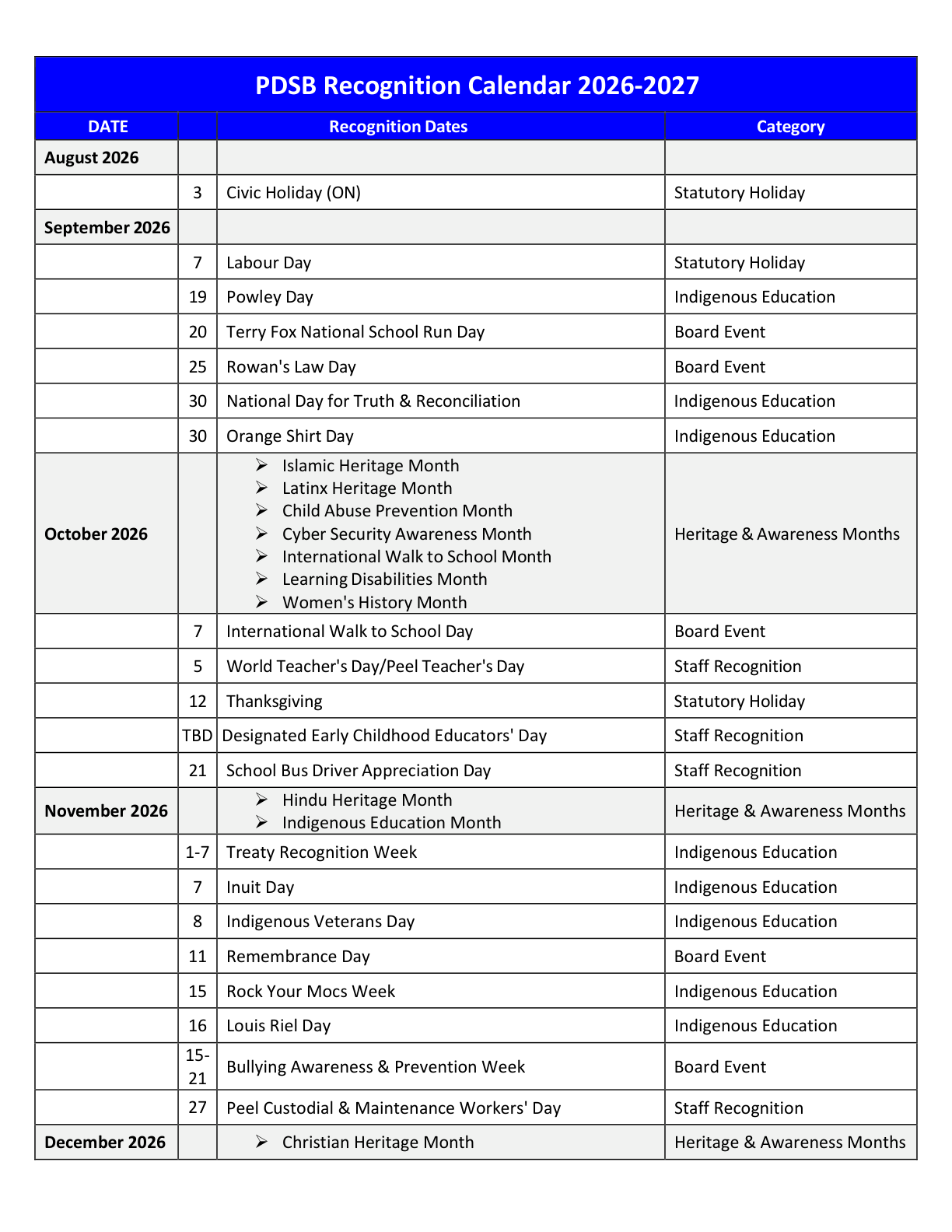 Peel DSB Recognition Calendar 2026 2027 - page 1