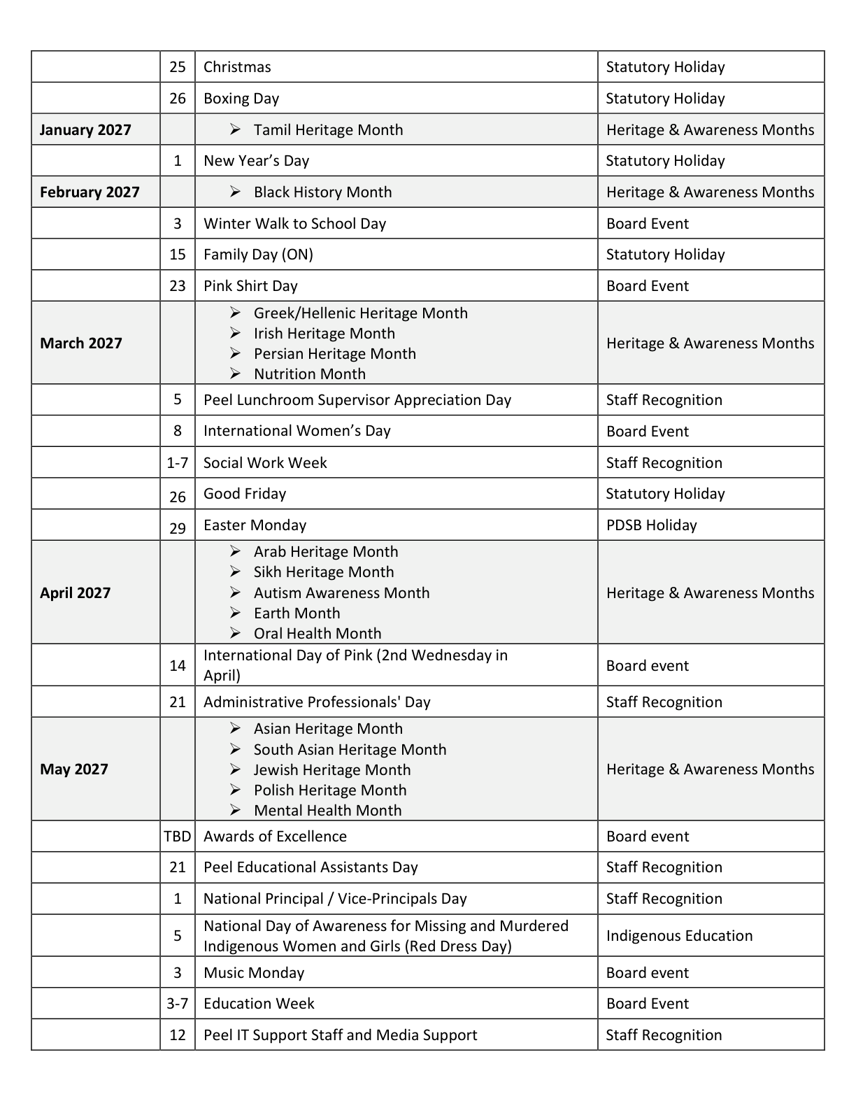 Peel DSB Recognition Calendar 2026 2027 - page 2