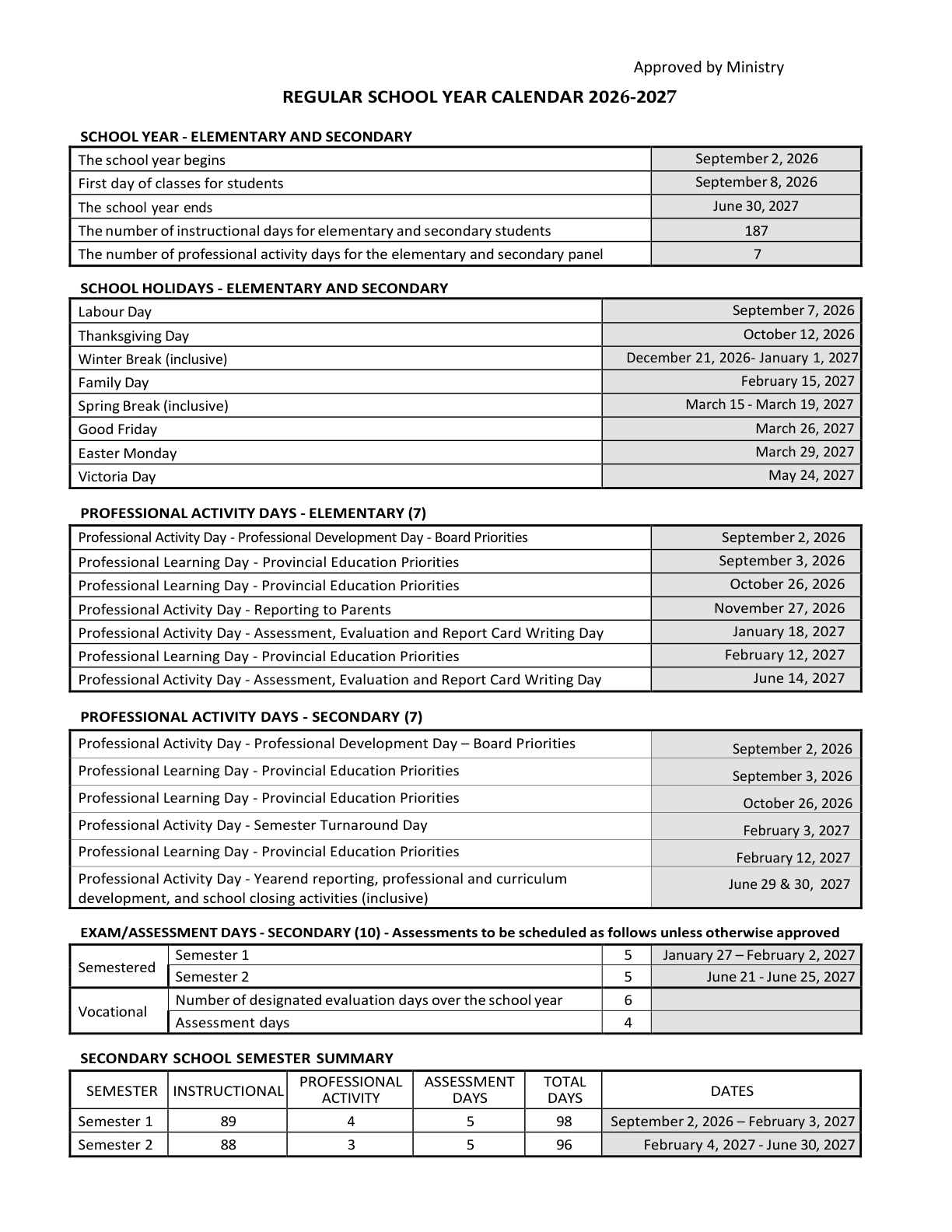 Peel DSB SYC 2026 2027 Regular Elementary and Secondary chart