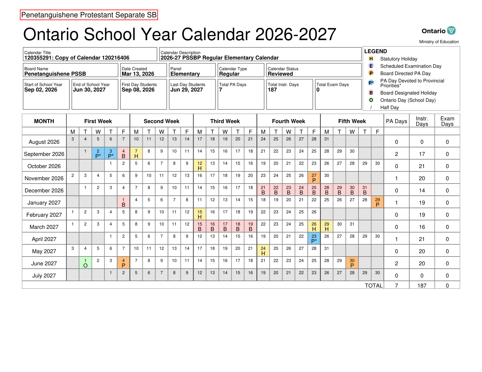 Penetanguishene Protestant Separate SB Ontario School Year Calendar 2026 2027 FOR WEBSITE