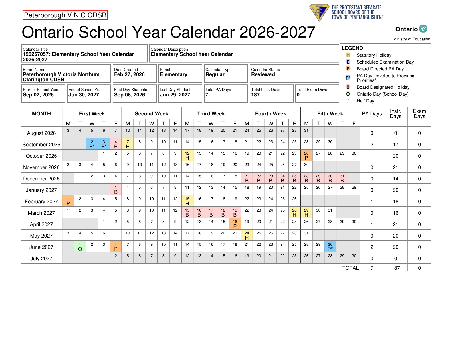 Peterborough V N C CDSB Approved 26 27 Calendar Elementary - page 1