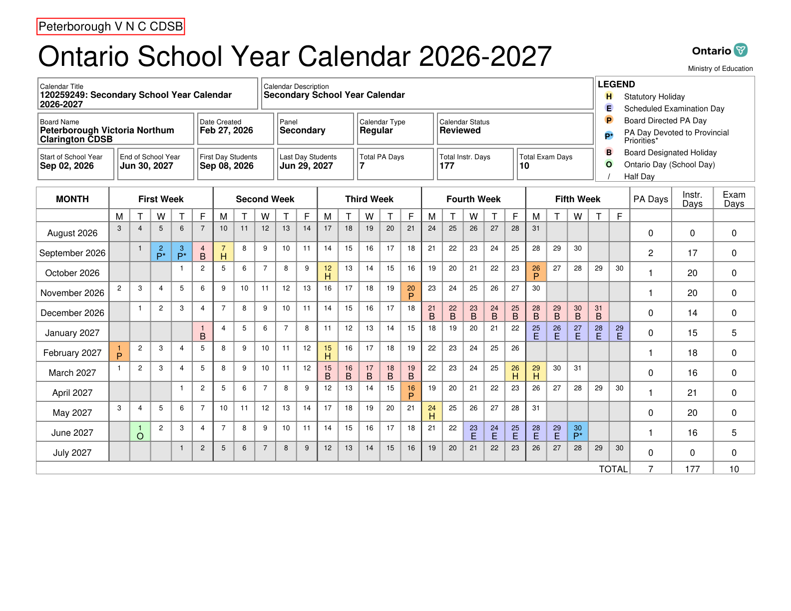 Peterborough V N C CDSB Approved 26 27 Calendar Secondary - page 1