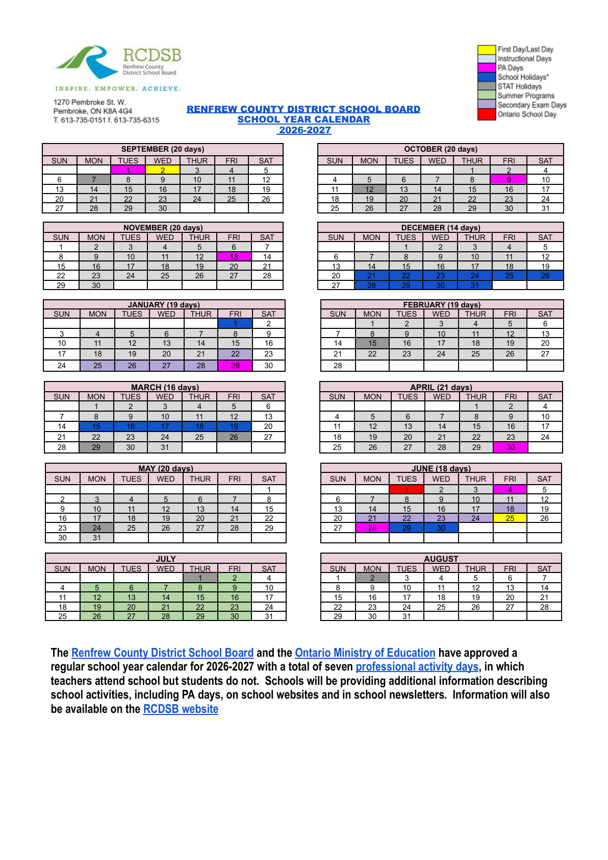 2026   2027 School Year Calendar revised layout Renfrew County CDSB