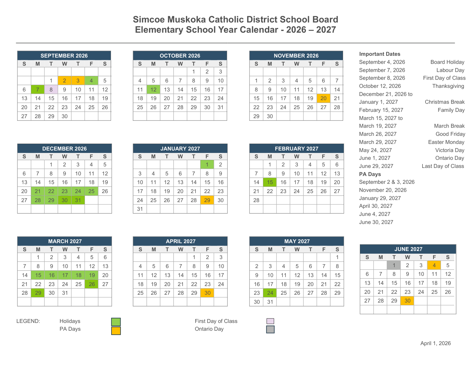 Simcoe Muskoka CDSB Academic School Year Calendar 2026 2027 Elementary