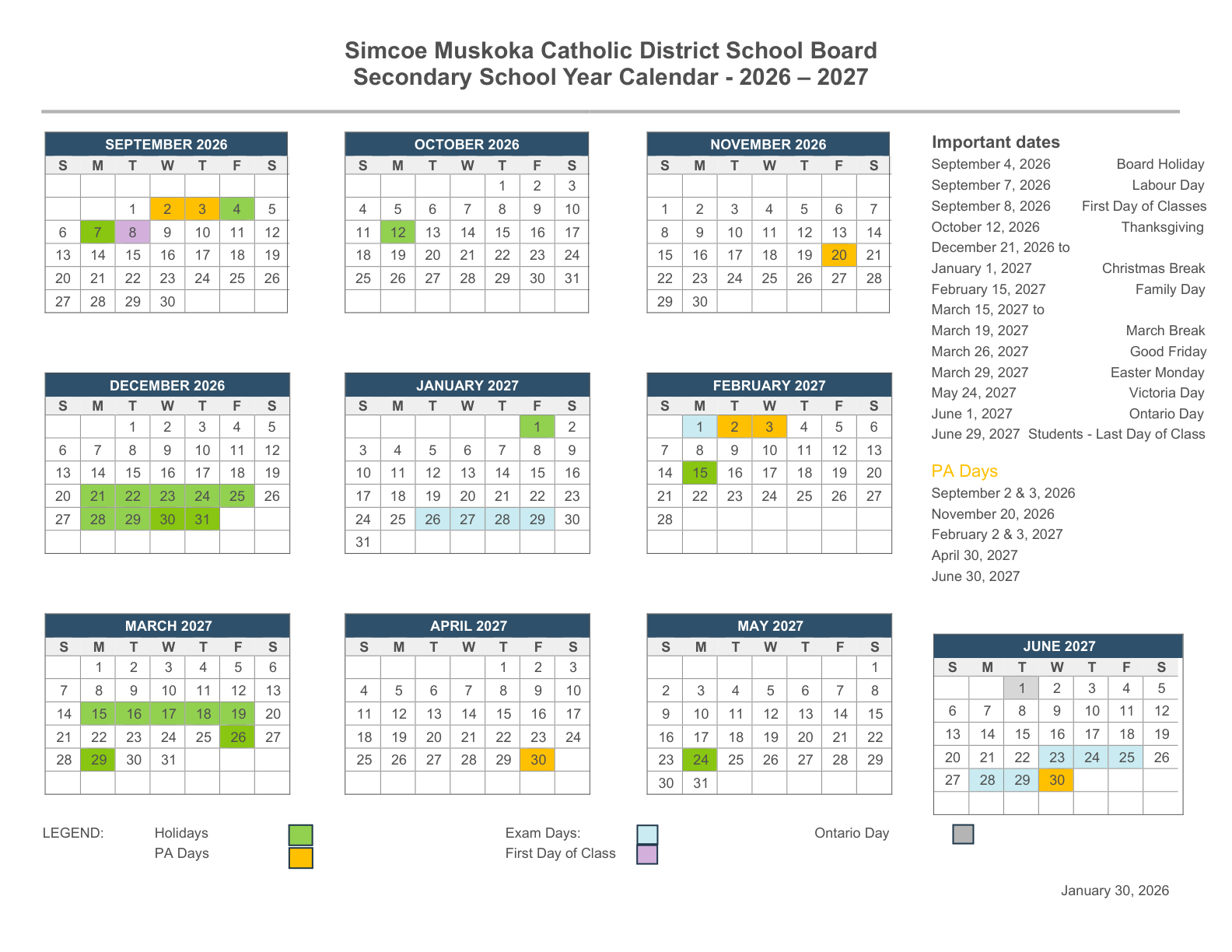 Simcoe Muskoka CDSB Academic School Year Calendar 2026 2027 Secondary