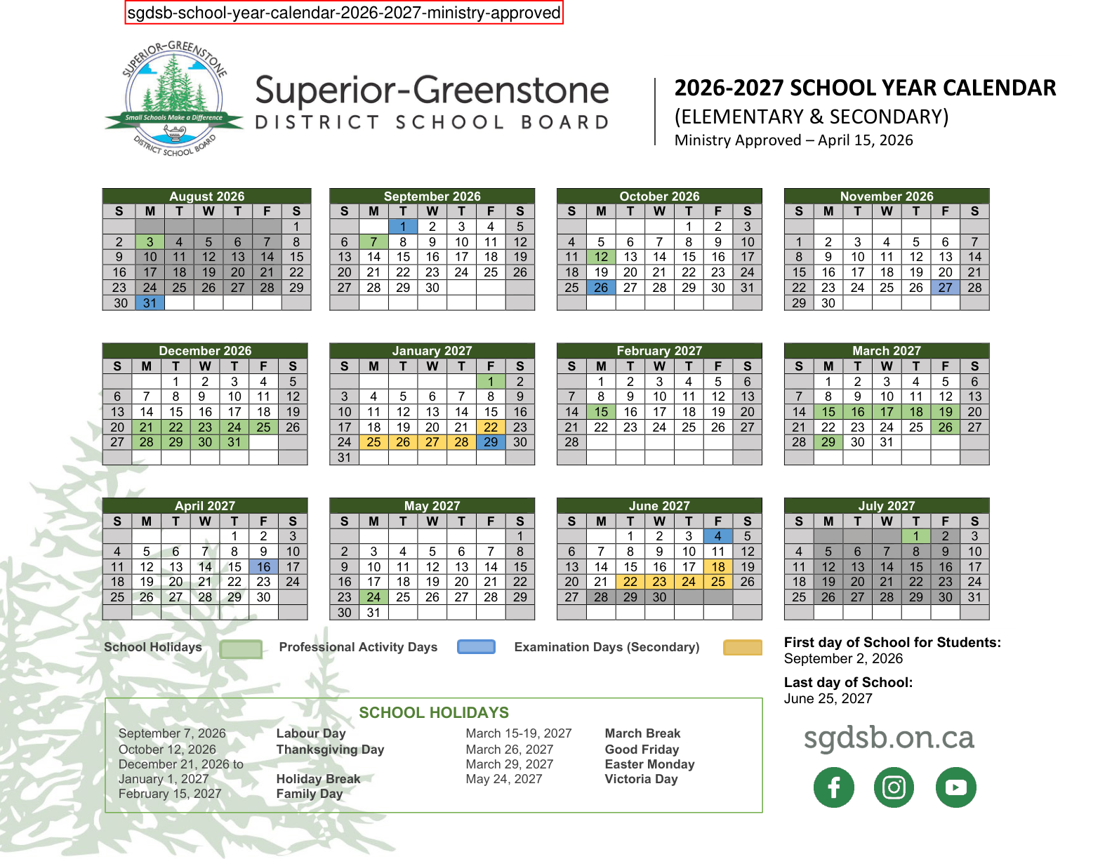 sgdsb school year calendar 2026 2027 ministry approved