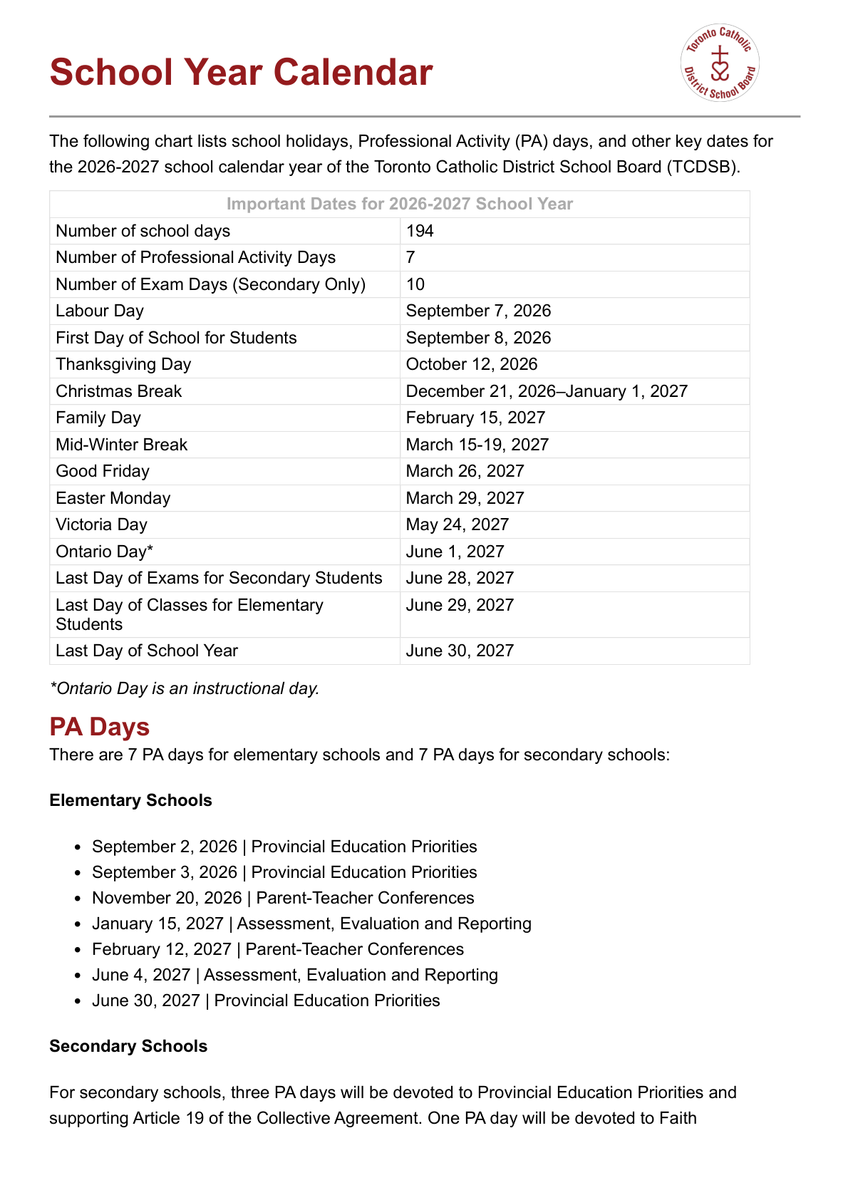 TCDSB School Year Calendar - page 1