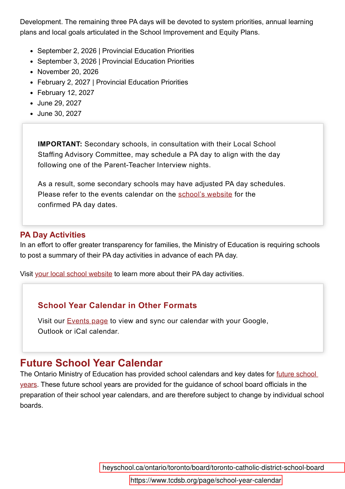 TCDSB School Year Calendar - page 2