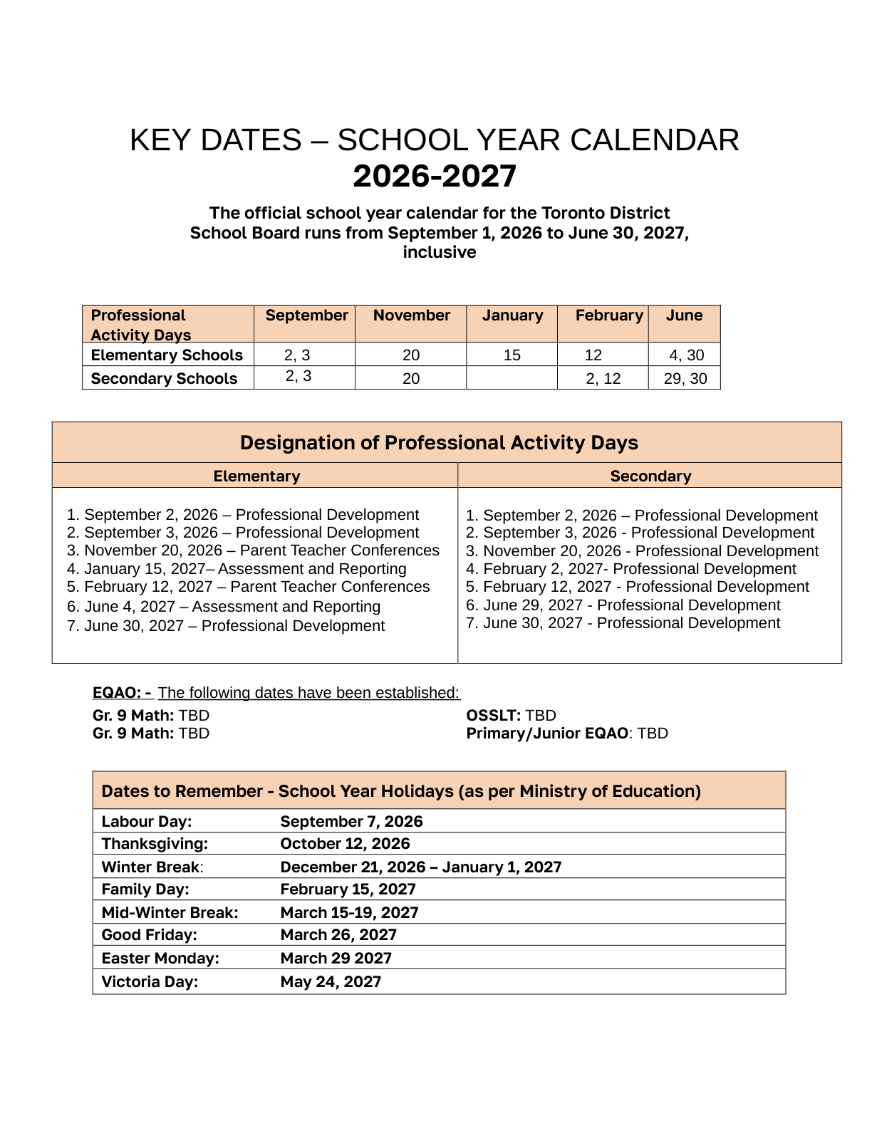 2026 27 TDSB School Year Calendar Key Dates