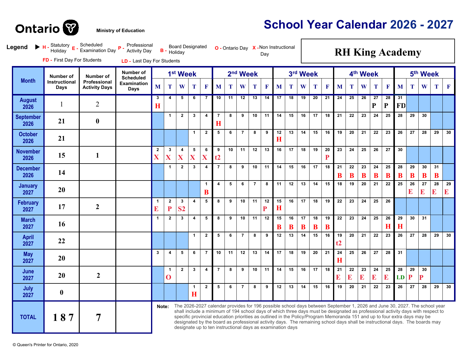 R.H. King Academy Modified Secondary Calendar