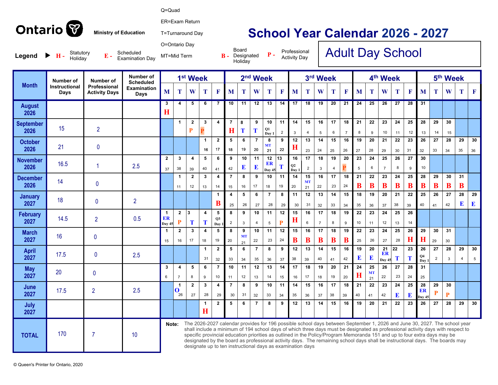 Adult Day School Calendar