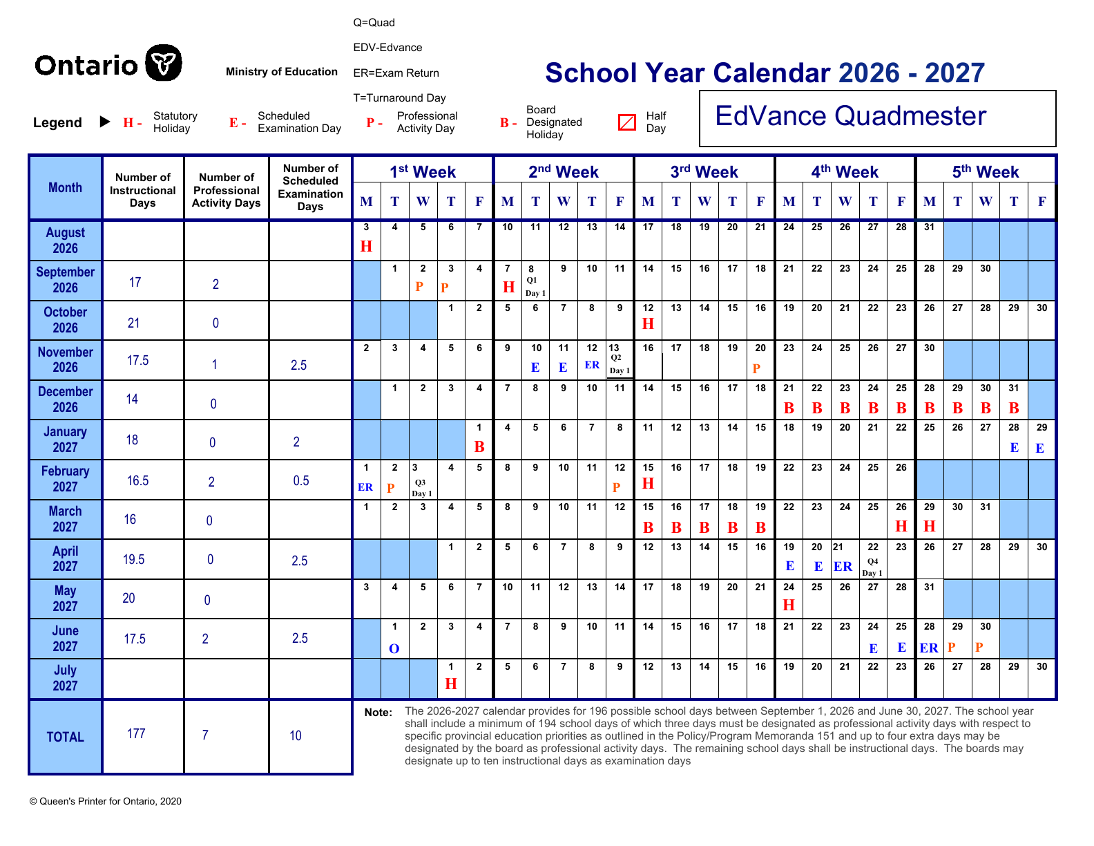 EdVance Quadmester Calendar