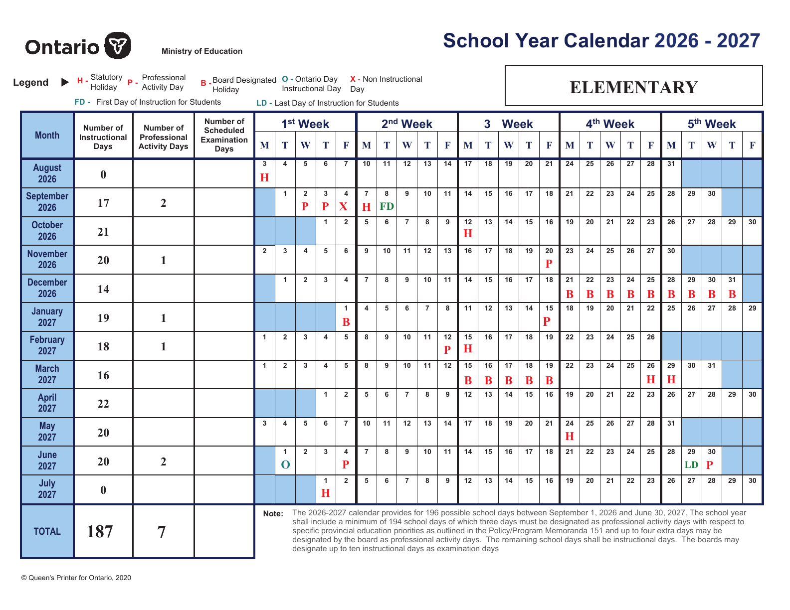 Elementary Calendar