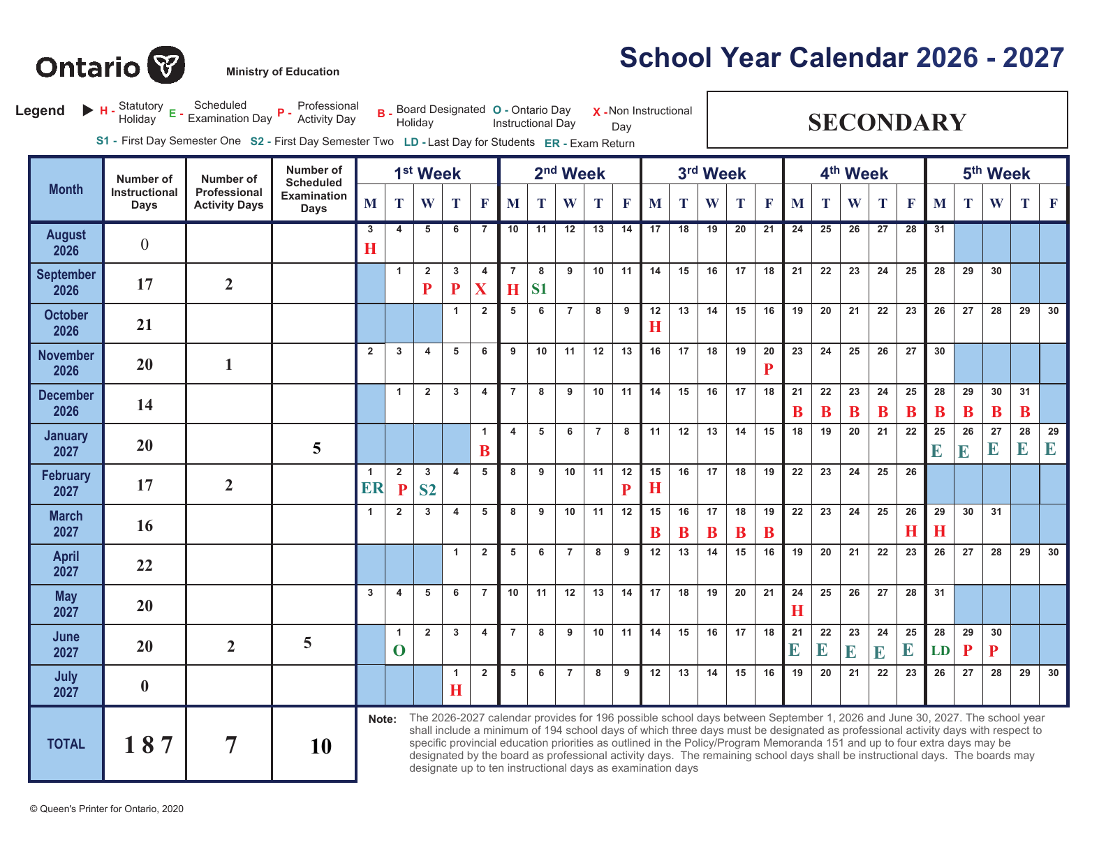 Secondary Semestered Calendar