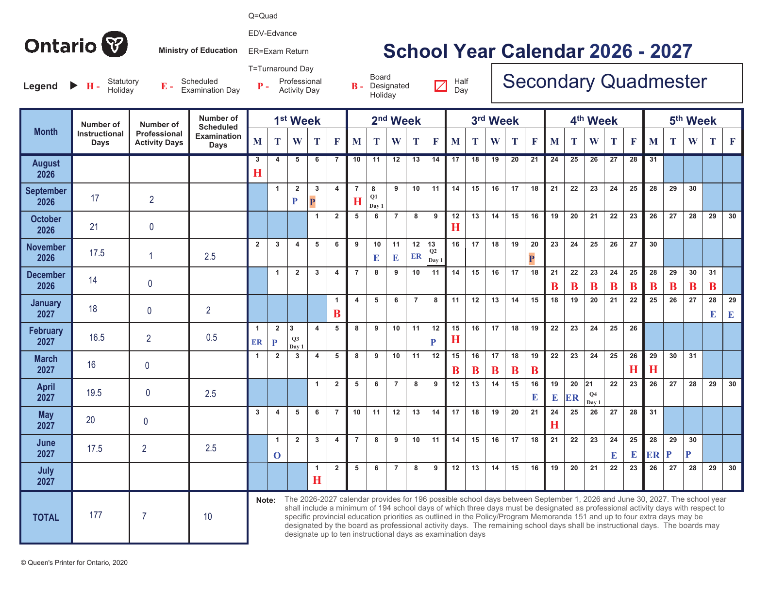 Secondary Quadmestered Calendar
